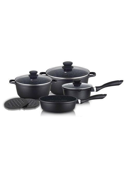 Комплект тенджери, тиган и подложки ZEPHYR ZP 4318 M9, 9 части, Мраморно покритие, Индукция, Черен - Код G8074