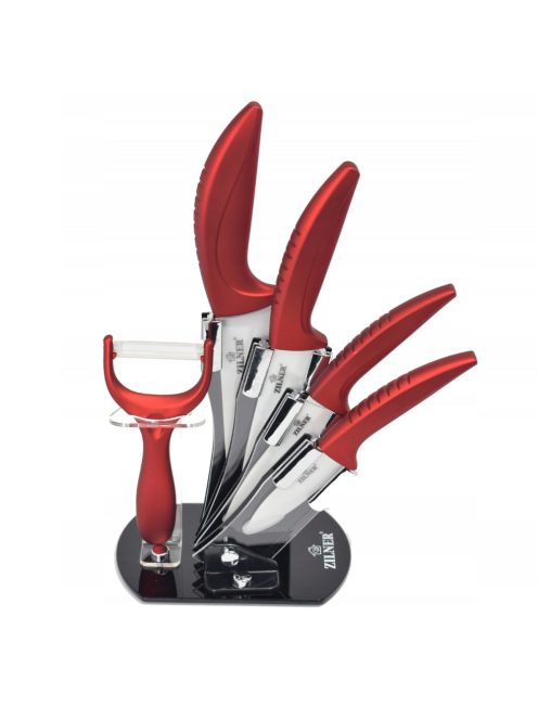 Комплект ножове с поставка Zilner ZL 5123, 6 части, Белачка, Керамично покритие, Червен - Код G8452