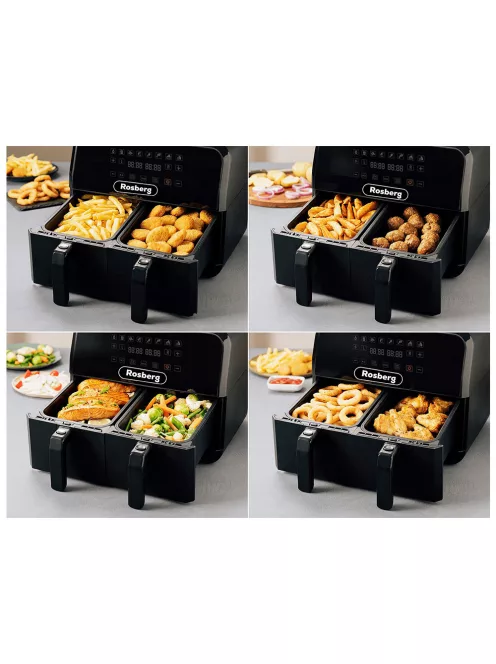 Фритюрник AirFryer Rosberg Premium RP51980N, 1700W, 2съда x 4л., Горещ въздух, Таймер, до 200°C, Черен - Код G8548