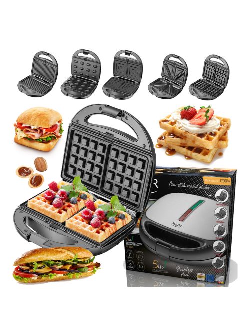 Уред за сандвичи и десерти Adler AD 3040, 1200W, 5 вида плочи, Незалепващо покритие, Черен/инокс - Код G8726