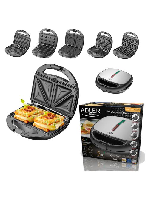 Уред за сандвичи и десерти Adler AD 3040, 1200W, 5 вида плочи, Незалепващо покритие, Черен/инокс - Код G8726