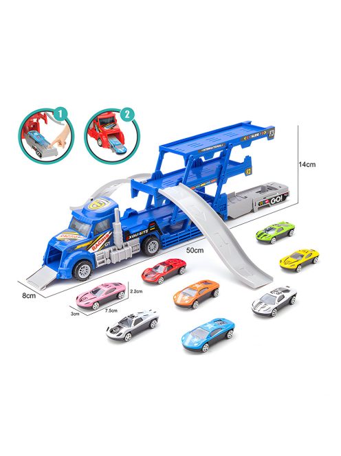 Детски автовоз с катапулт и 6 метални коли син