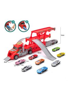 Детски автовоз с катапулт и 6 метални коли, червен