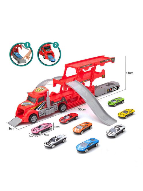 Детски автовоз с катапулт и 6 метални коли, червен