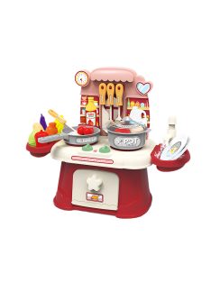 Кухня със светещи котлони и мивка с течаща вода, червен